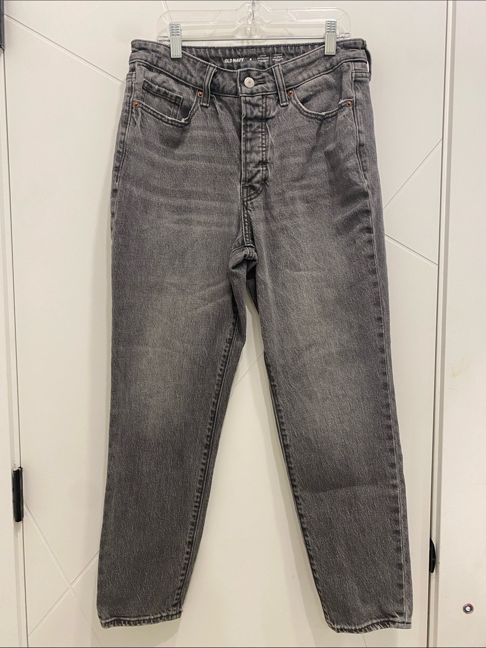 Old Navy High Rise Button Fly Straight Jeans Gray Wash Faded Black Woman Size 6